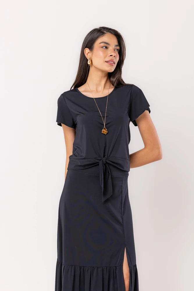 Hidrogênio - BLUSA DE MANGA CURTA COM AMARRAÇÃO FLUITY PRETO - 19605001