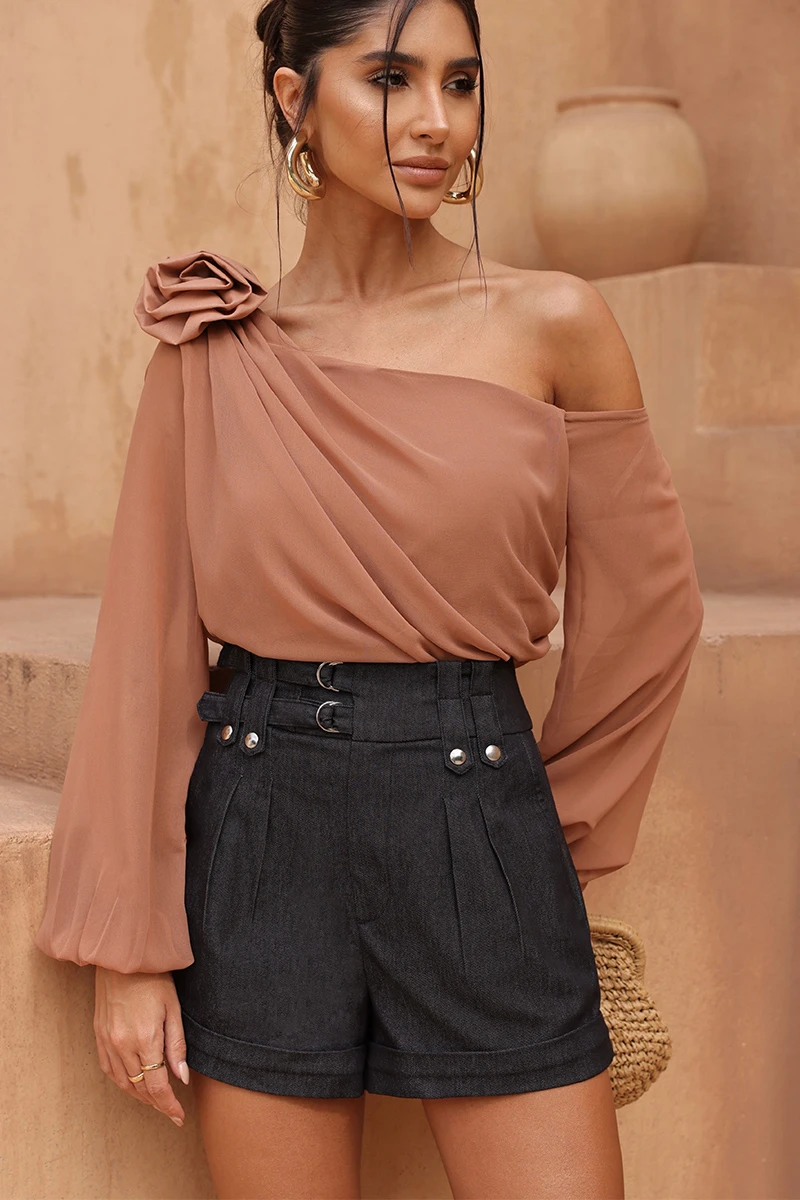 Dot Clothing - Dot Clothing Ayla Sarja Shorts with Black Metal Button - 2820PRETO