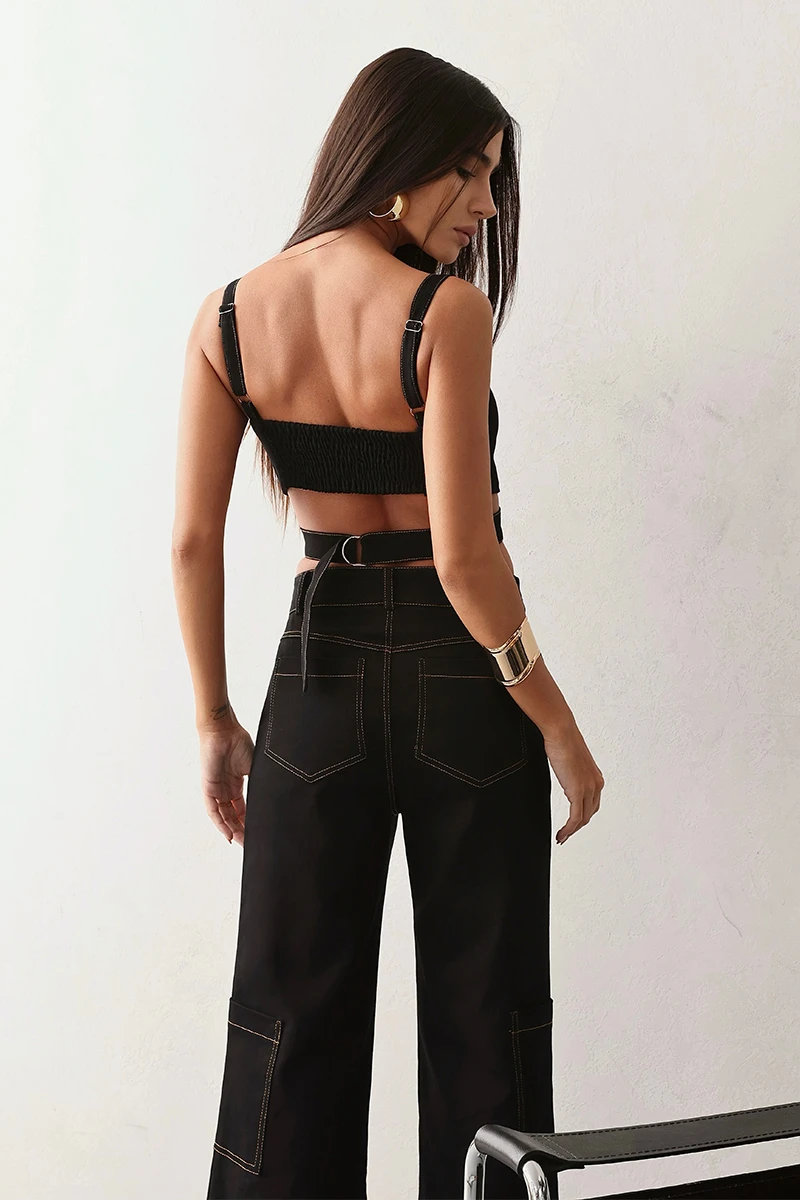 Dot Clothing - Conjunto Dot Clothing Alina Cropped e Calça Cargo Preto - 2656PRETO