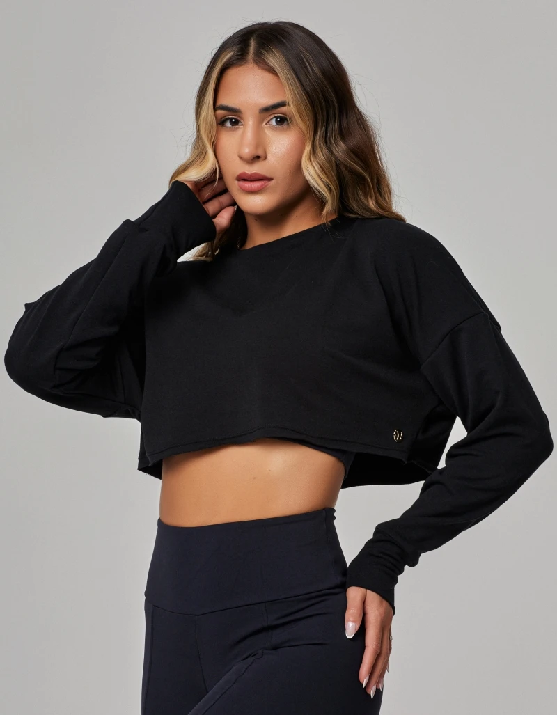 Vestem - Blusa Manga Longa Moletom Cropped Preto - BPML429.PE.C0002