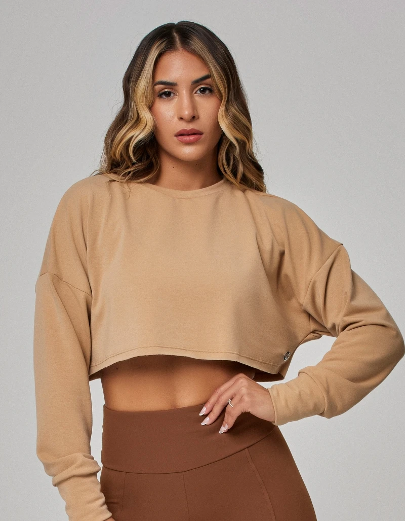 Vestem - Long Sleeve Shirt Blouse Cropped Beige Shitaki and Mushroom - BPML429.PE.C0313