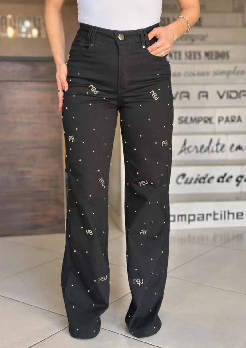 PITBULL - CALÇA WIDE LEG PRETA PIT BULL COM PEDRARIAS - 86034