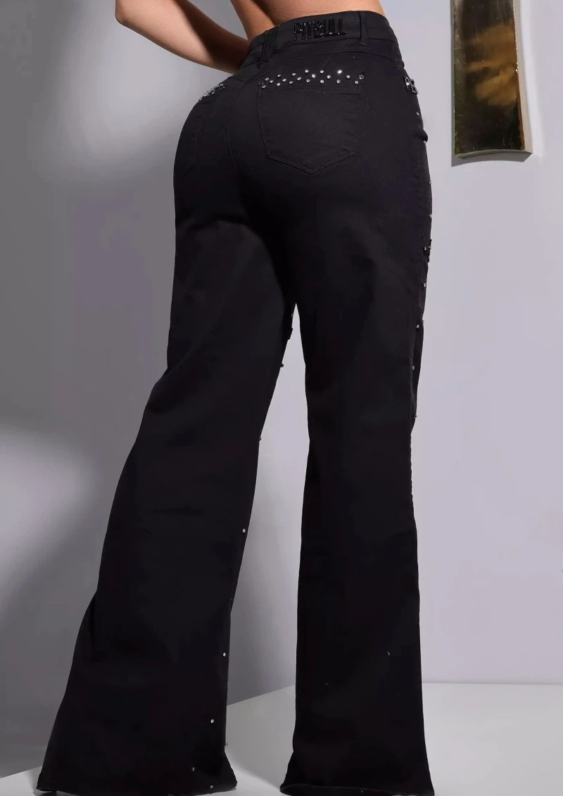 PITBULL - CALÇA WIDE LEG PRETA PIT BULL COM PEDRARIAS - 86034