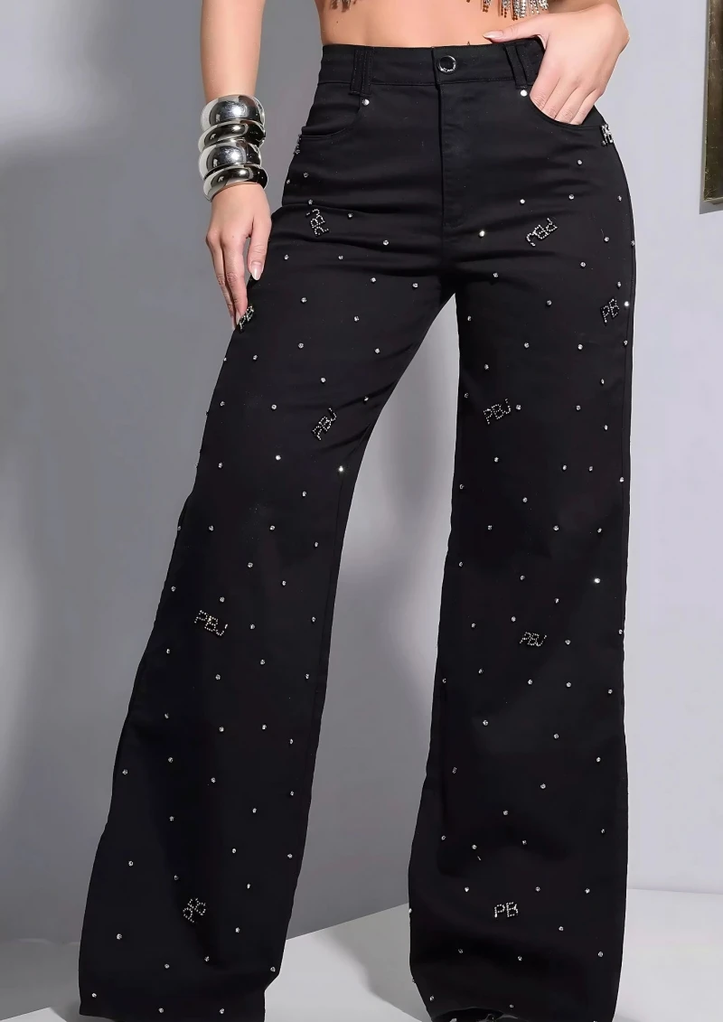 PITBULL - CALÇA WIDE LEG PRETA PIT BULL COM PEDRARIAS - 86034