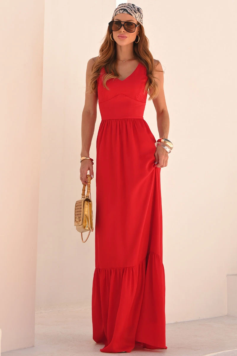 Miss Misses - Elizete Crepe Long Dress with VC Neckline/Zipper in Red - 54658024