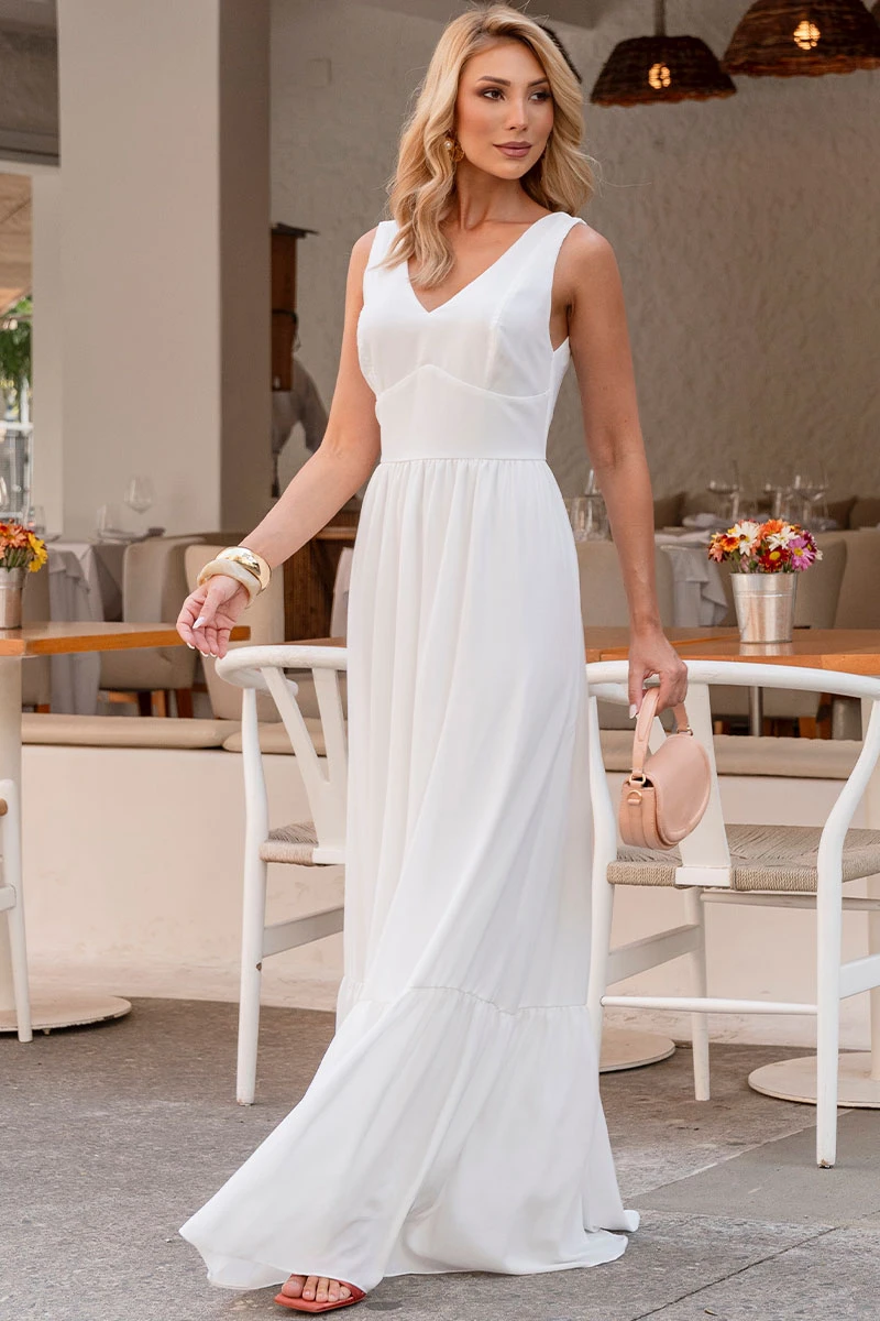 Miss Misses - Elizete Crepe Long Dress with VC Neckline/Ziper Off White - 54658030