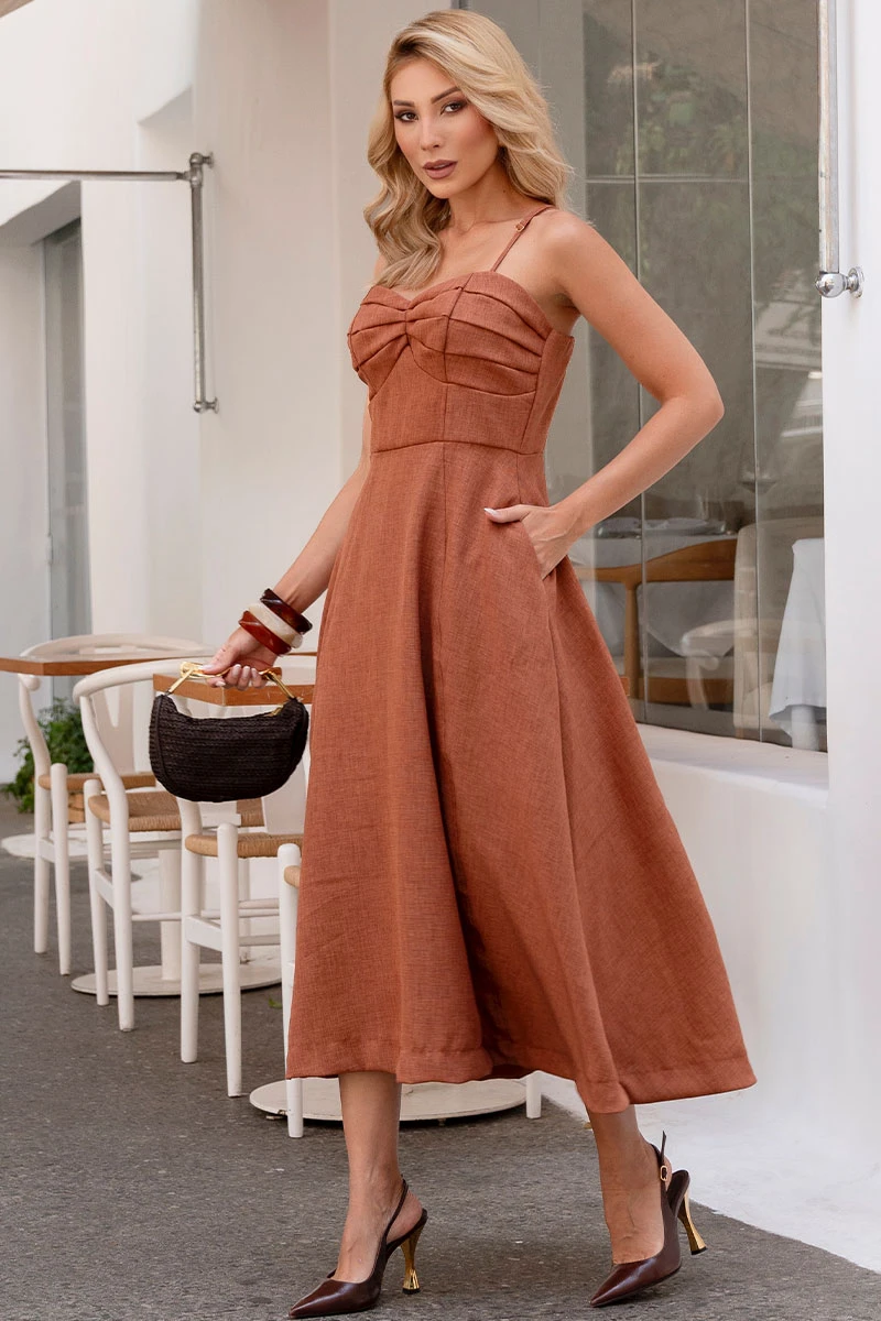 Miss Misses - Damares Dress with Thin Straps and Pleated Detail on the Bust in Brown - 54660214