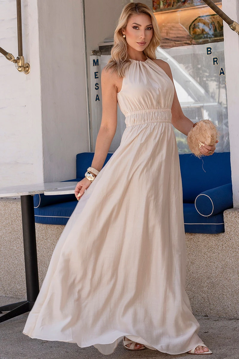 Miss Misses - Micaela Long Dress with Gathered Waist Beige - 54668215