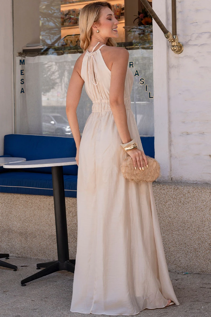 Miss Misses - Micaela Long Dress with Gathered Waist Beige - 54668215