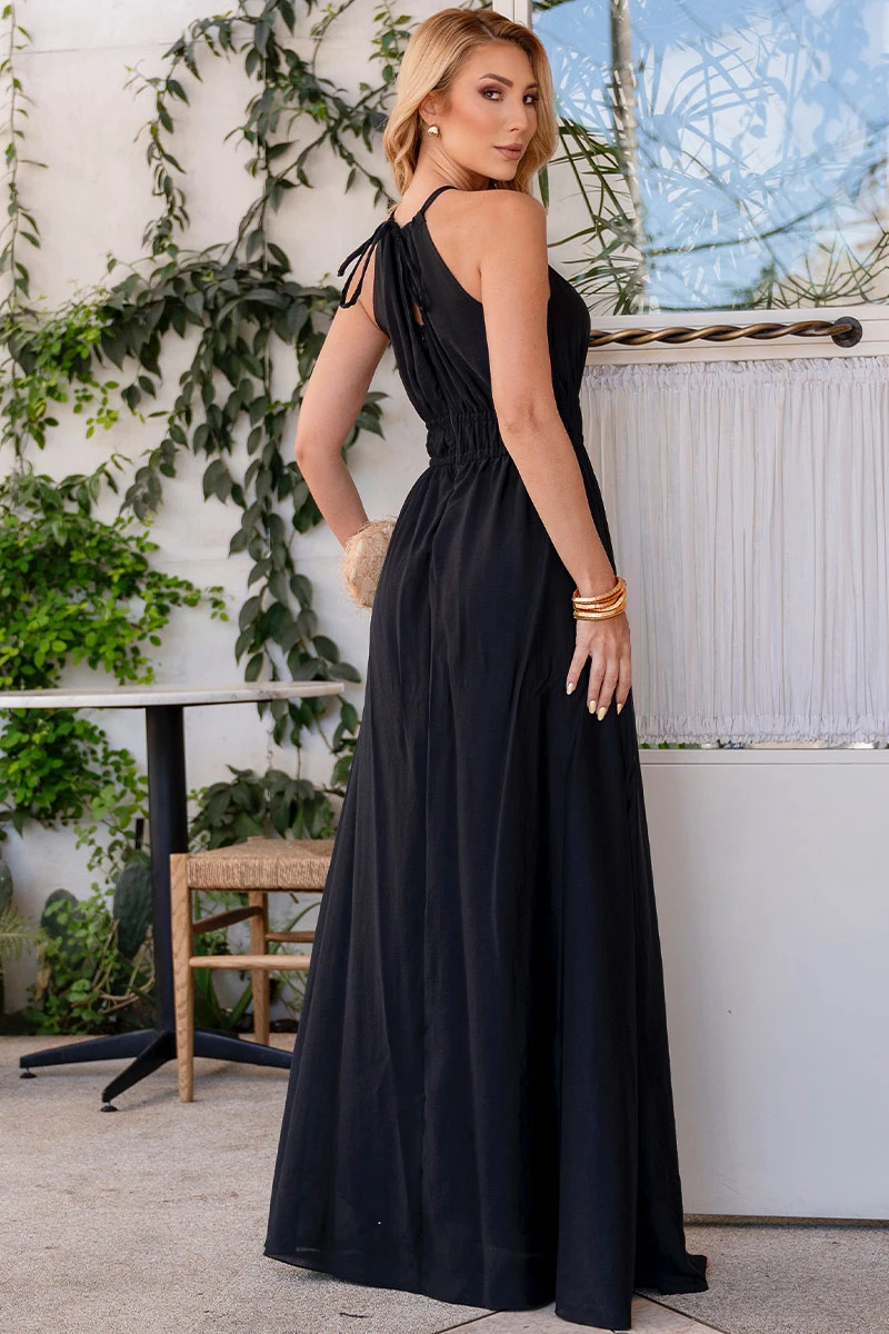 Miss Misses - Micaela Long Dress with Gathered Waist in Black - 54668001