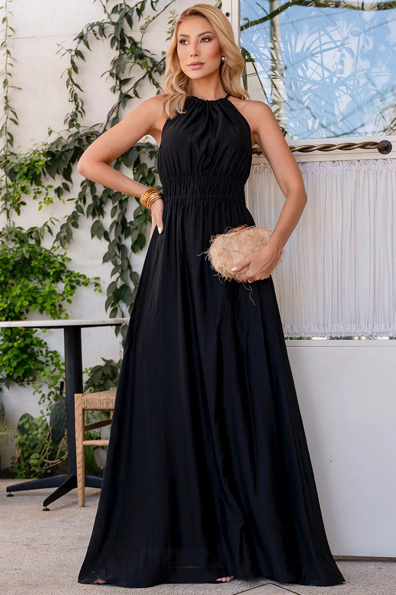 Miss Misses - Micaela Long Dress with Gathered Waist in Black - 54668001