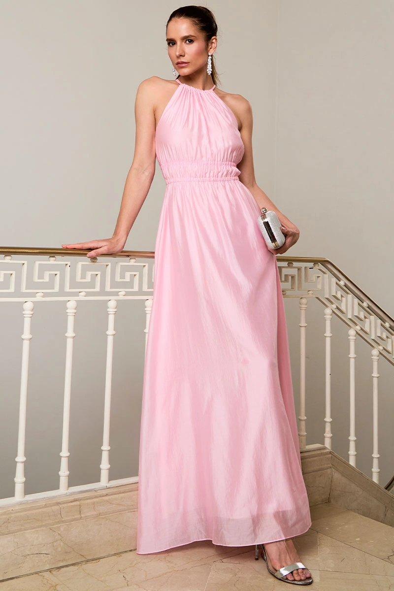 Miss Misses - Micaela Long Dress with Ruched Waist in Pink - 54668060