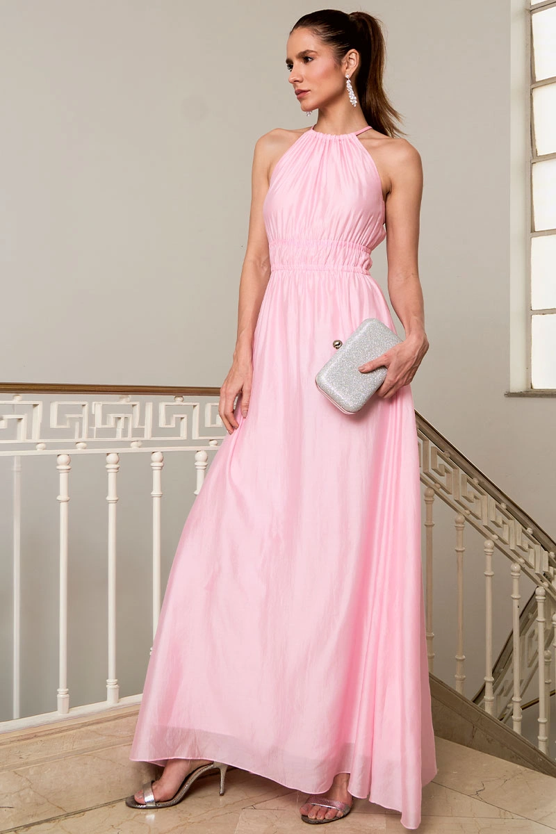 Miss Misses - Micaela Long Dress with Ruched Waist in Pink - 54668060