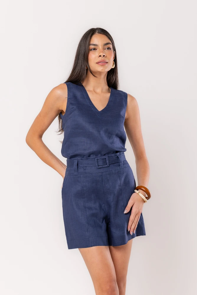 Hidrogênio - REGATA DECOTE V LINHO PURO MARINHO - 20534004