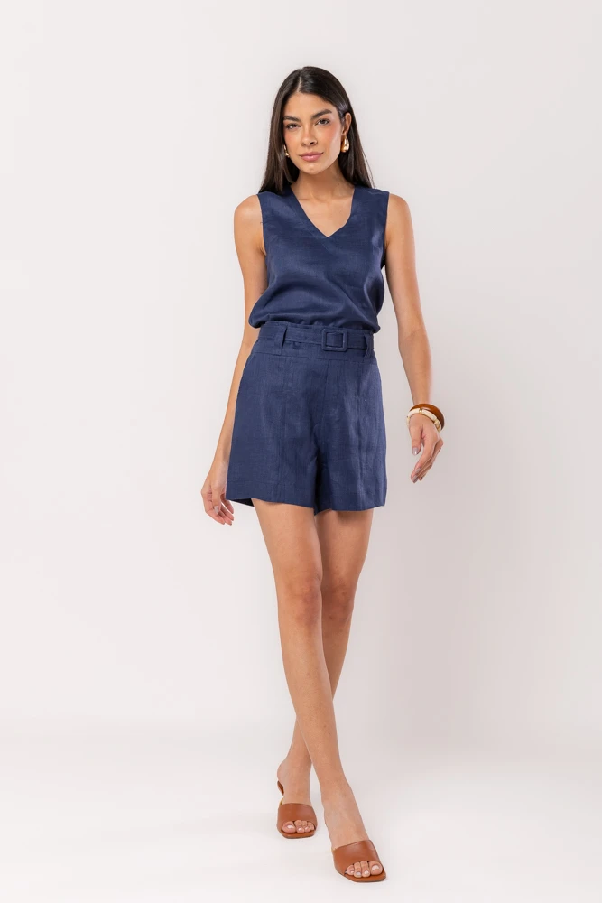 Hidrogênio - REGATA DECOTE V LINHO PURO MARINHO - 20534004