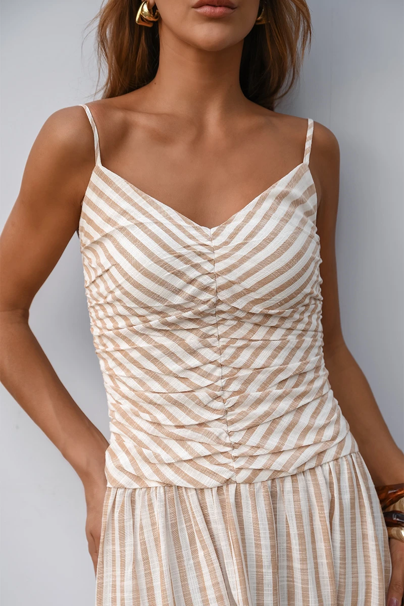 Dot Clothing - Vestido Dot Clothing Taylor Listrado Longuete Bege - 2852BEGE