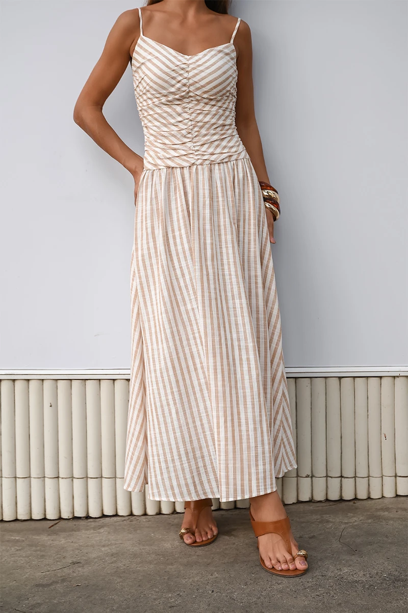 Dot Clothing - Vestido Dot Clothing Taylor Listrado Longuete Bege - 2852BEGE