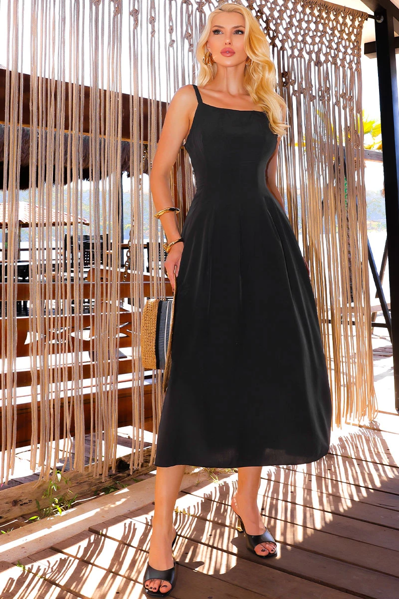 Miss Misses - Paulina Dress with Pleats and Straps in Black - 54666001