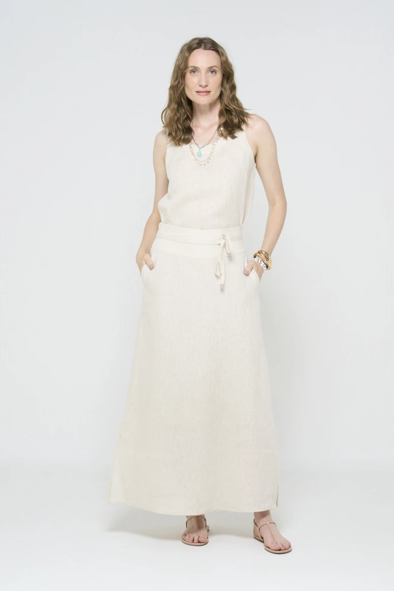 Hidrogênio - SAIA LONGA LINHO PURO C/ FENDA E CORDÃO NATURAL - 20559182