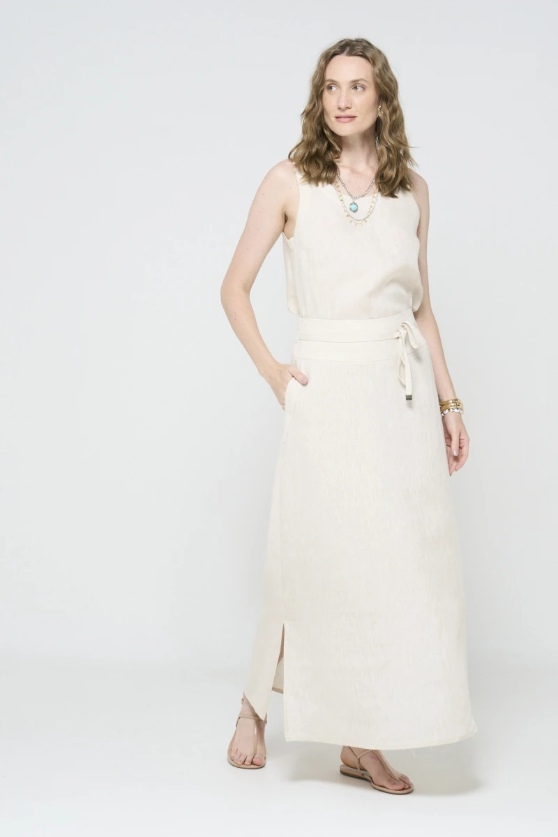 Hidrogênio - SAIA LONGA LINHO PURO C/ FENDA E CORDÃO NATURAL - 20559182