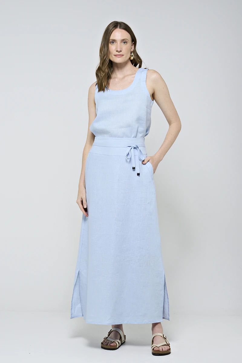 Hidrogênio - SAIA LONGA LINHO PURO C/ FENDA E CORDÃO AZUL BEBE - 20559111