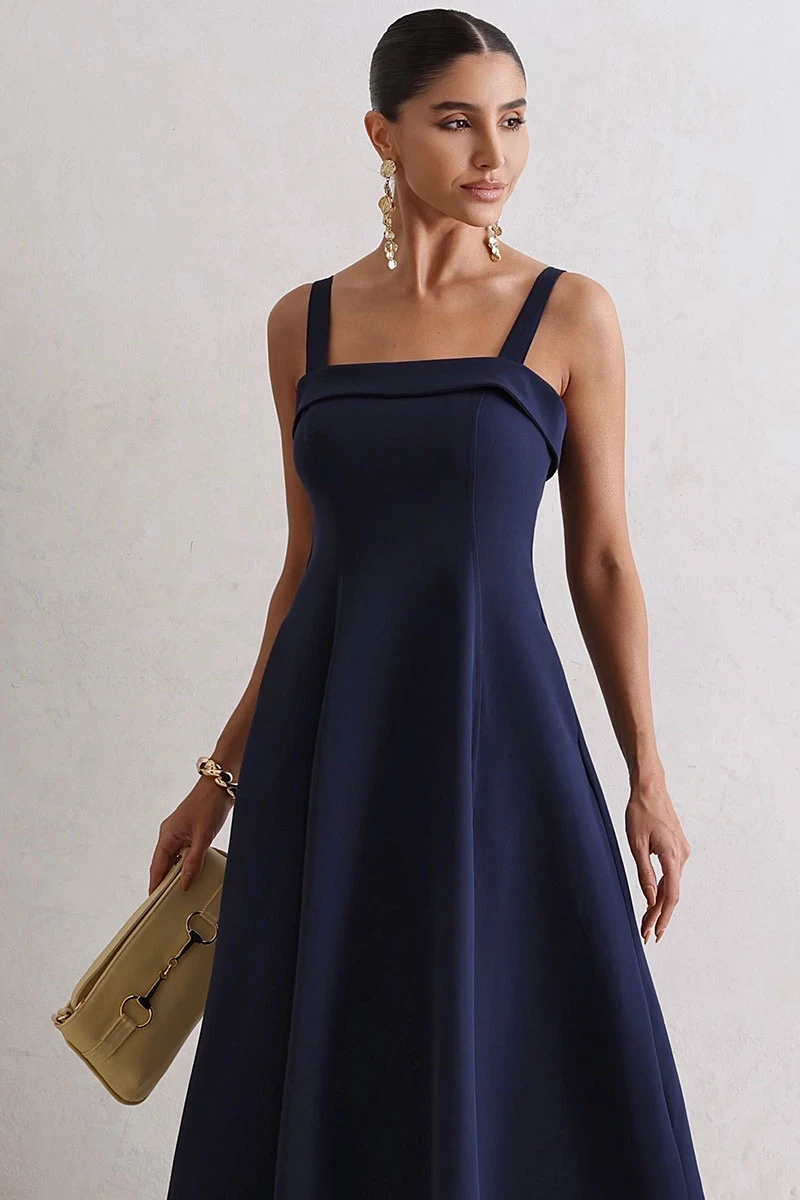 Miss Misses - Teodora Dress with Straps, Pockets, and Zipper Navy Blue - 54679004