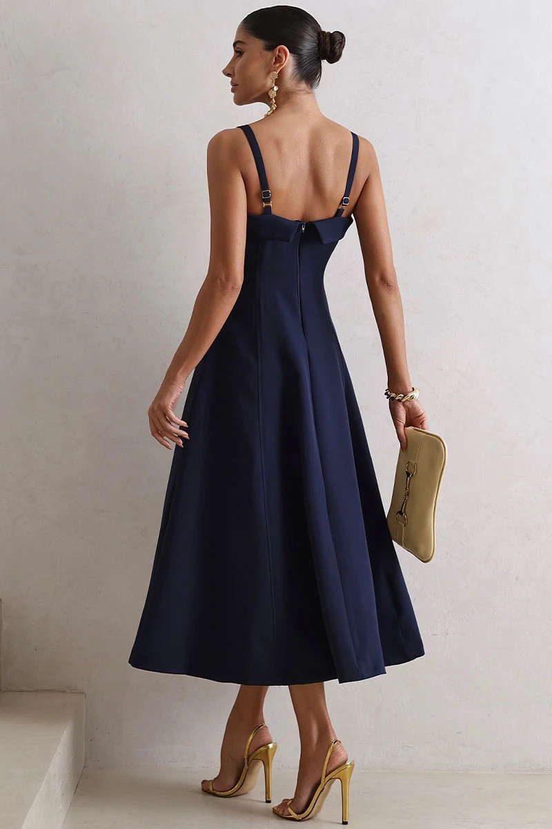 Miss Misses - Teodora Dress with Straps, Pockets, and Zipper Navy Blue - 54679004