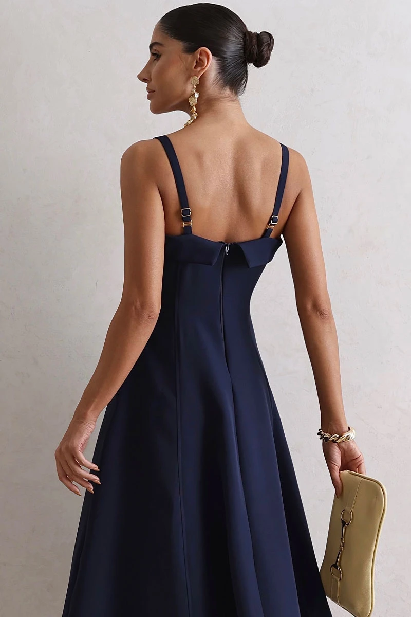 Miss Misses - Teodora Dress with Straps, Pockets, and Zipper Navy Blue - 54679004
