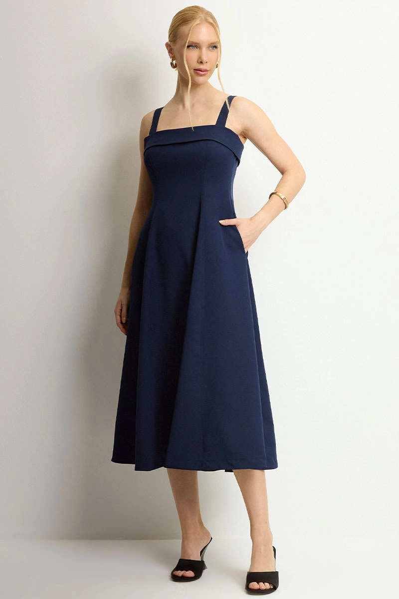 Miss Misses - Teodora Dress with Straps, Pockets, and Zipper Navy Blue - 54679004