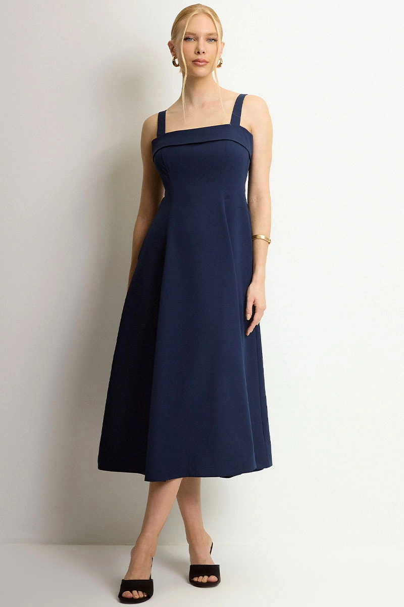 Miss Misses - Teodora Dress with Straps, Pockets, and Zipper Navy Blue - 54679004