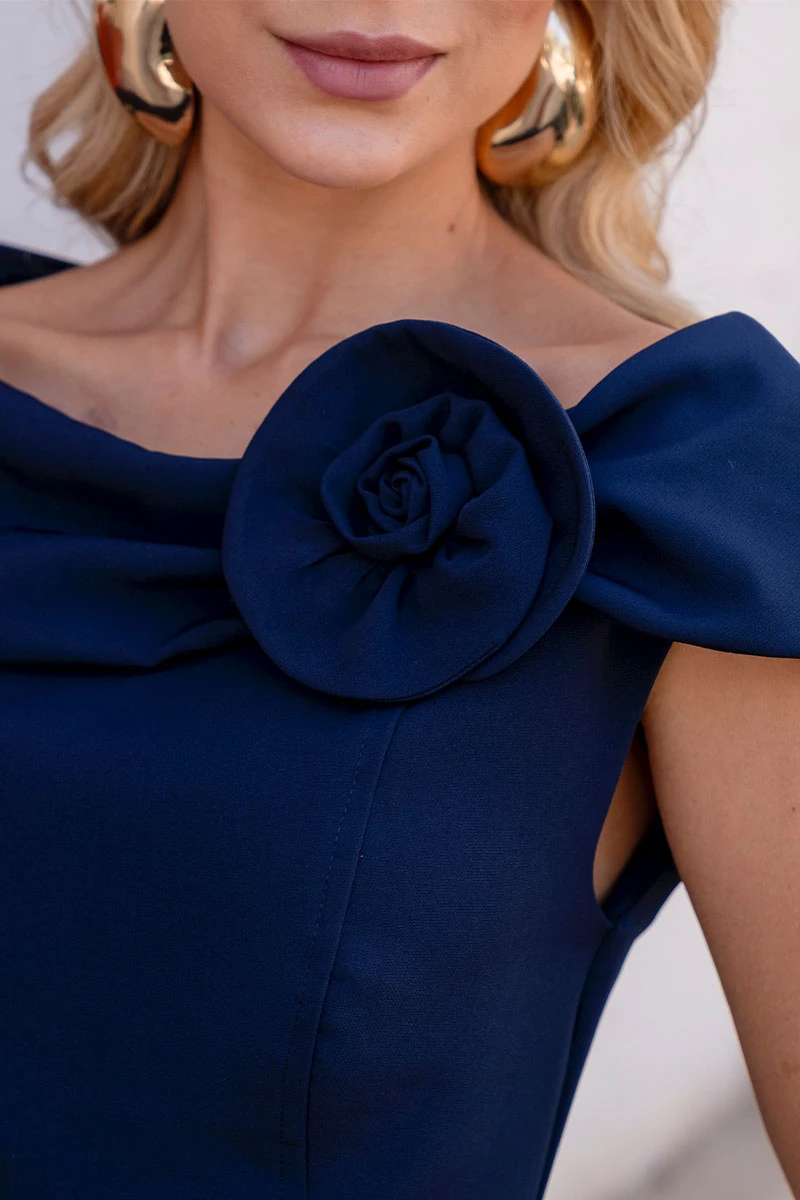 Miss Misses - Leila Tube Dress with Flower Detail on the Collar Navy Blue - 54670004