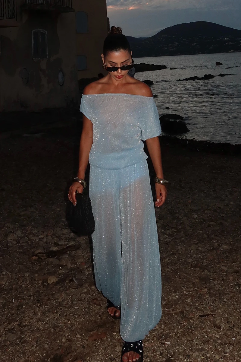 Dot Clothing - Conjunto Dot Clothing Maya Blusa e Calça Lurex Azul - 2855AZUL