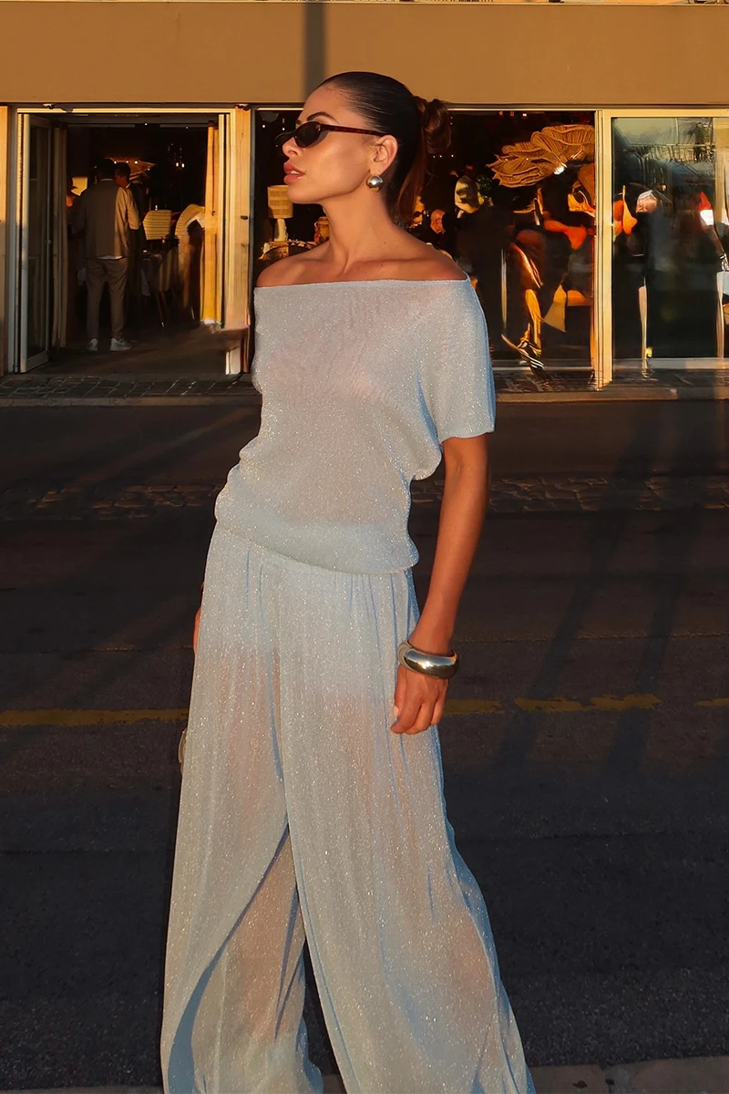 Dot Clothing - Conjunto Dot Clothing Maya Blusa e Calça Lurex Azul - 2855AZUL