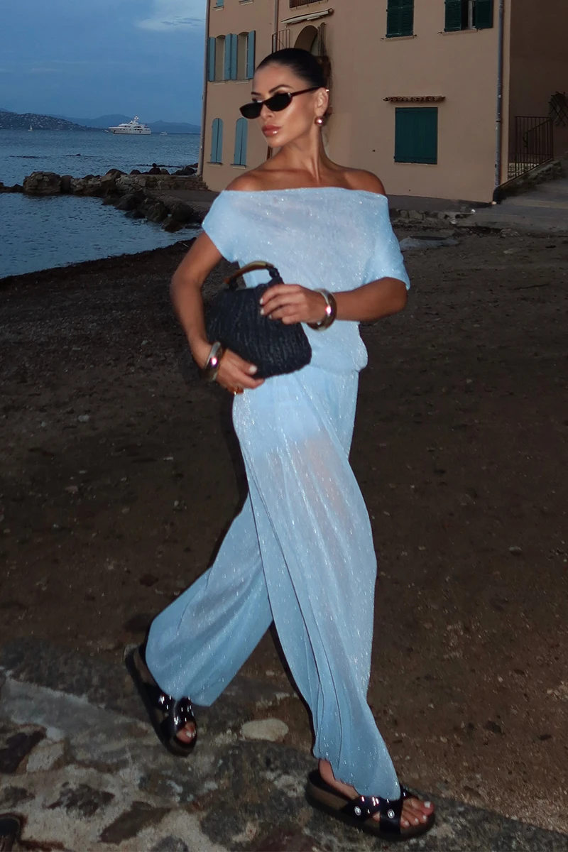 Dot Clothing - Conjunto Dot Clothing Maya Blusa e Calça Lurex Azul - 2855AZUL