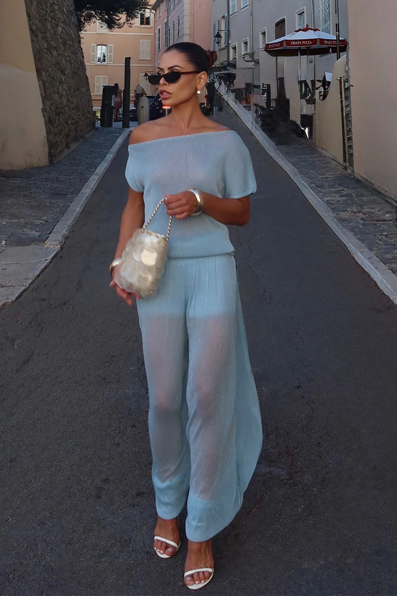 Dot Clothing - Conjunto Dot Clothing Maya Blusa e Calça Lurex Azul - 2855AZUL