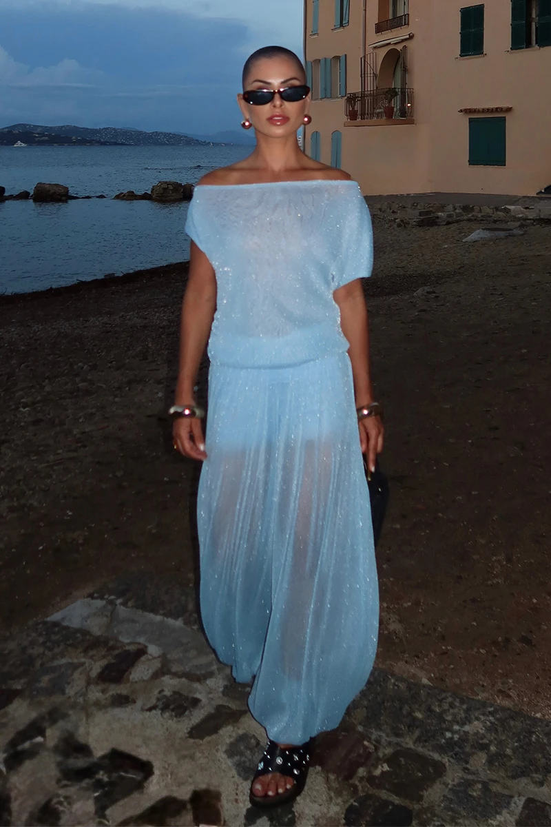 Dot Clothing - Conjunto Dot Clothing Maya Blusa e Calça Lurex Azul - 2855AZUL