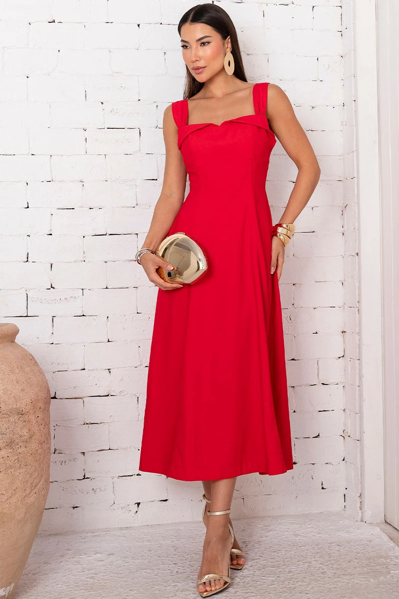 Miss Misses - Rochele Midi Dress with Wide Straps in Red - 54699024
