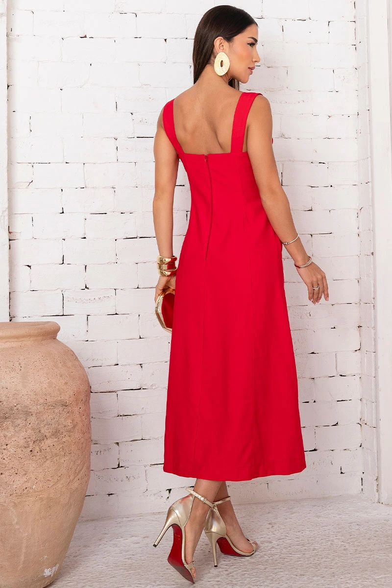 Miss Misses - Rochele Midi Dress with Wide Straps in Red - 54699024