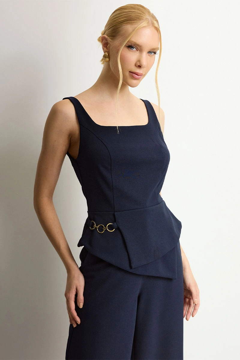 Miss Misses - Rute Set Pants with Shirt and Zipper Navy Blue - 54681004