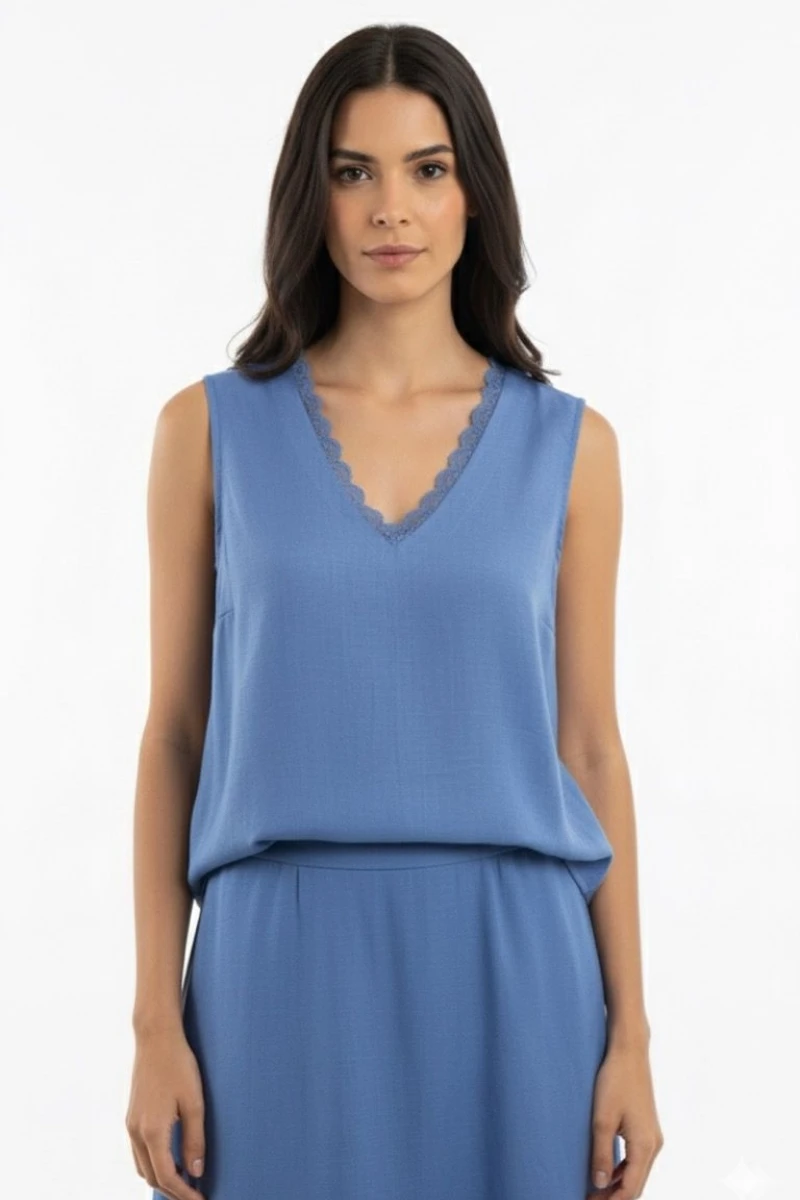 Hidrogênio - Tank top with lace detail at the neckline, Pacific Blue. - 20571590