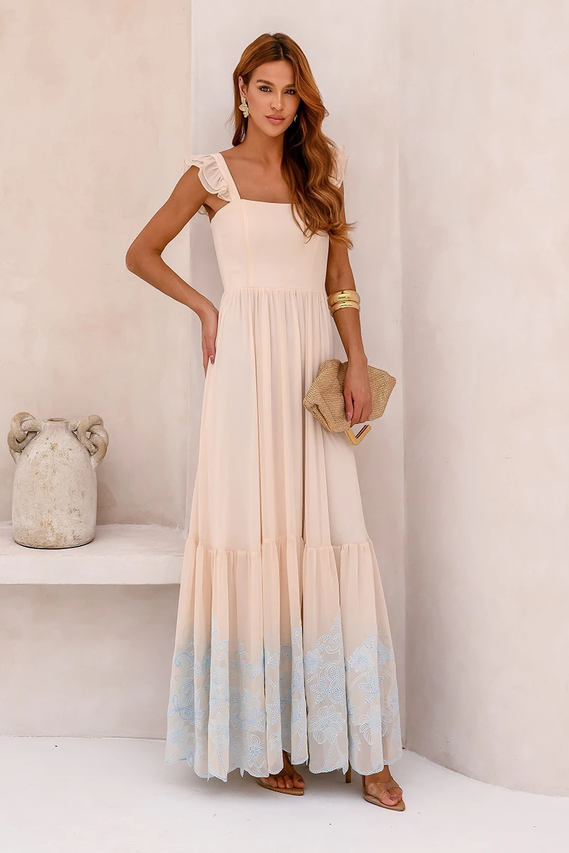 Dot Clothing - Vestido Dot Clothing Lauren Longo C/ Bordado Bege - 2849BEGE