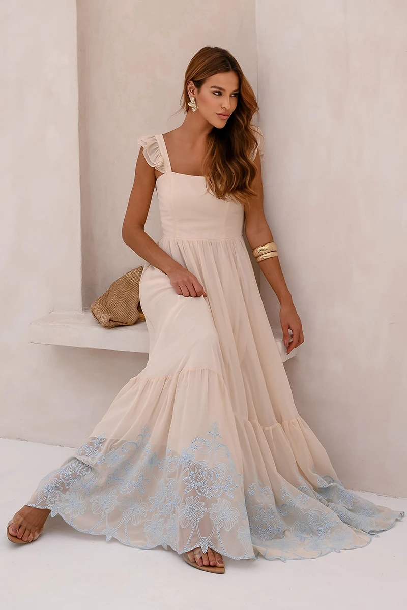 Dot Clothing - Vestido Dot Clothing Lauren Longo C/ Bordado Bege - 2849BEGE