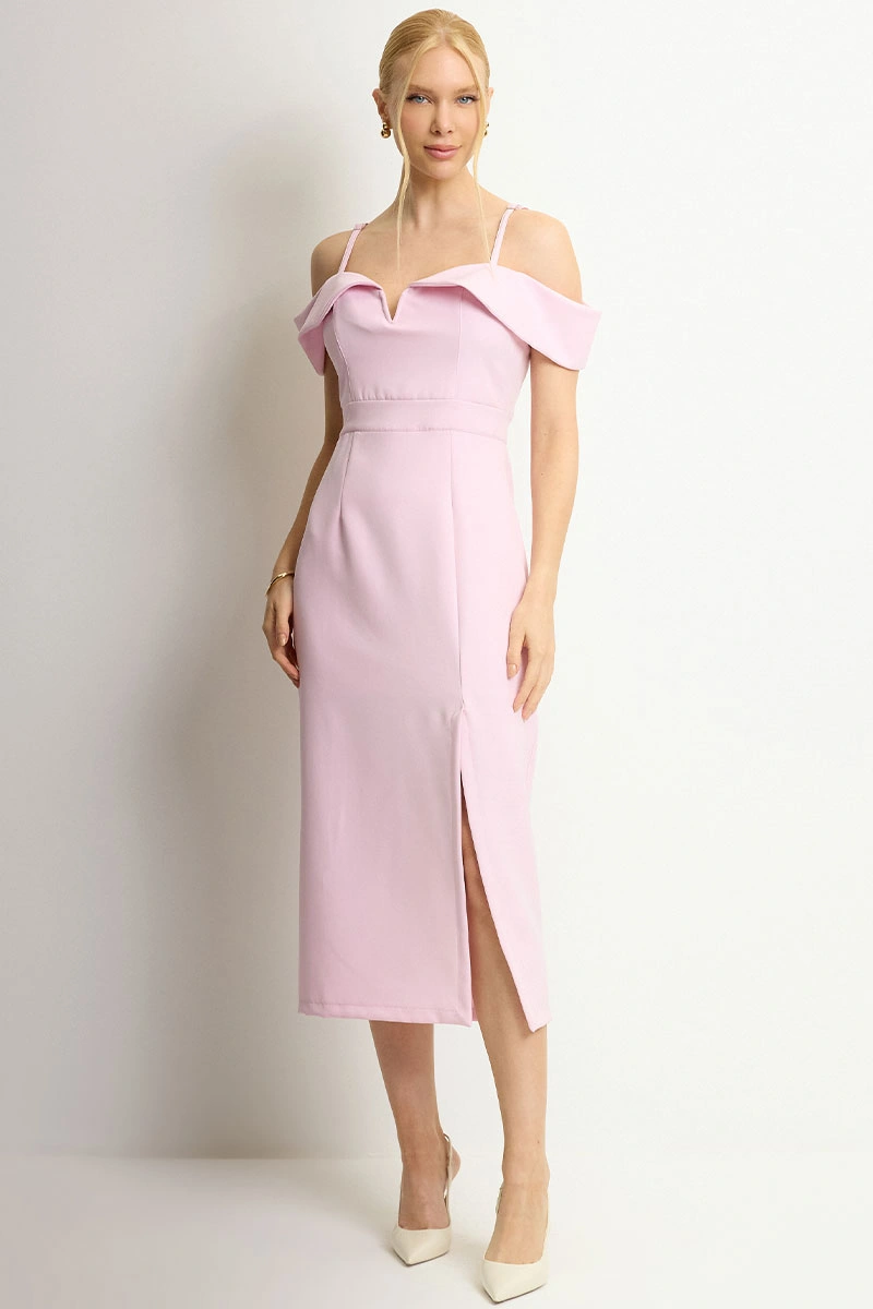 Miss Misses - Clarita Midi Off-the-Shoulder Dress with Pink Straps - 54705060