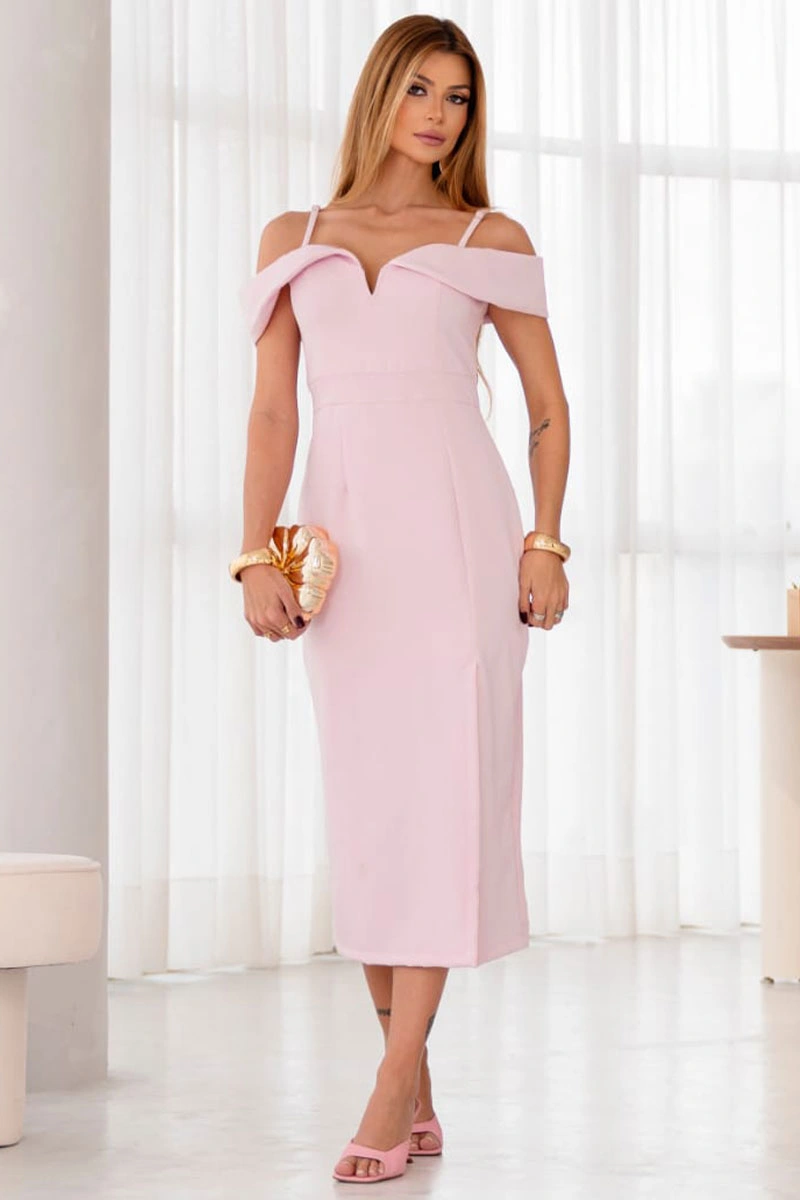 Miss Misses - Clarita Midi Off-the-Shoulder Dress with Pink Straps - 54705060