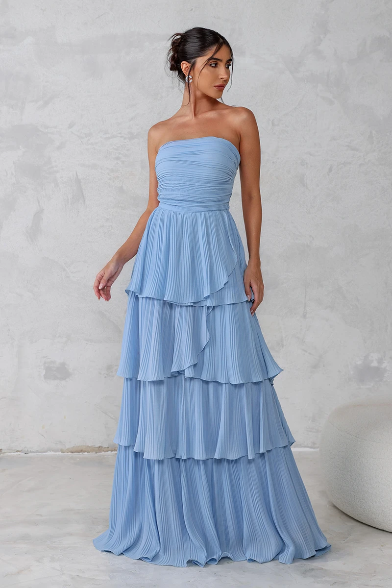 Dot Clothing - Vestido Dot Clothing Longo TQC Plissado Azul Claro - 2411AZULCL