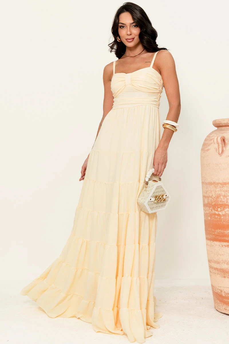 Miss Misses - Maisa Long Crepe Dress with Straps and Yellow Ruched Detail - 54671003