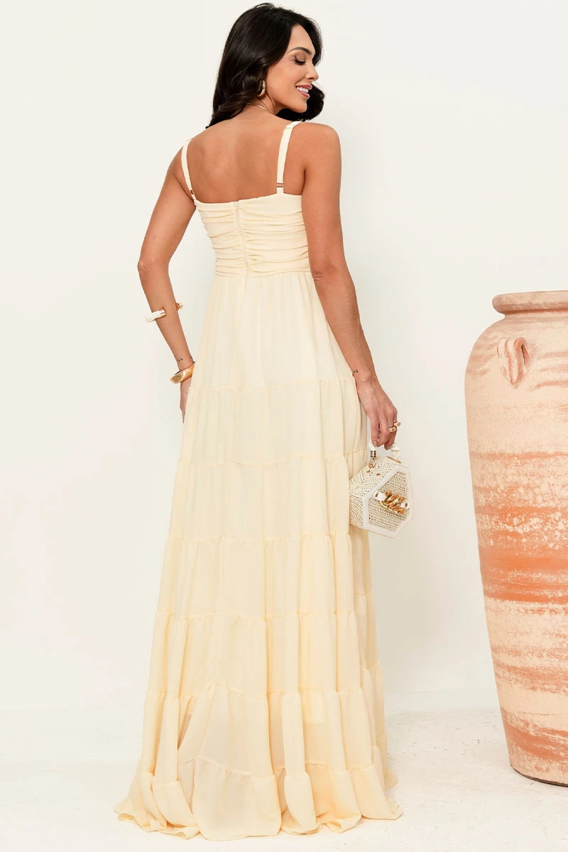 Miss Misses - Maisa Long Crepe Dress with Straps and Yellow Ruched Detail - 54671003
