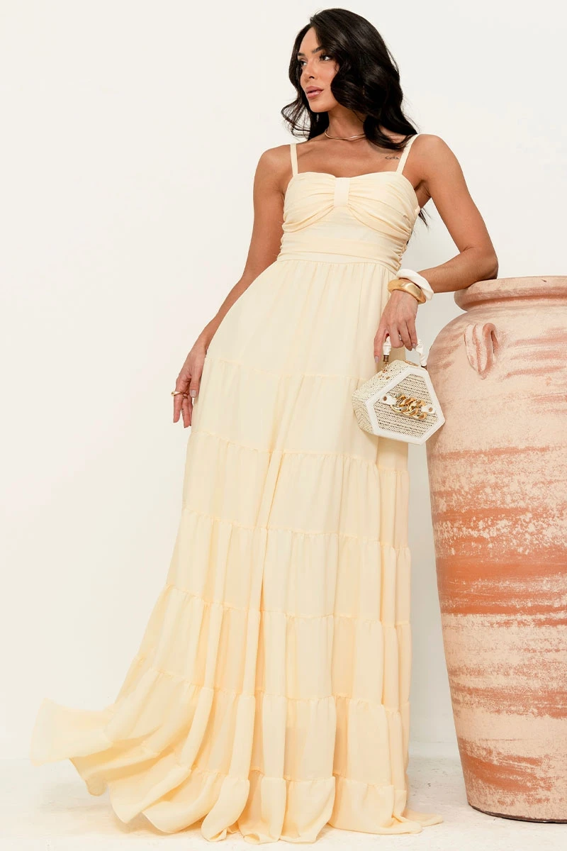 Miss Misses - Maisa Long Crepe Dress with Straps and Yellow Ruched Detail - 54671003