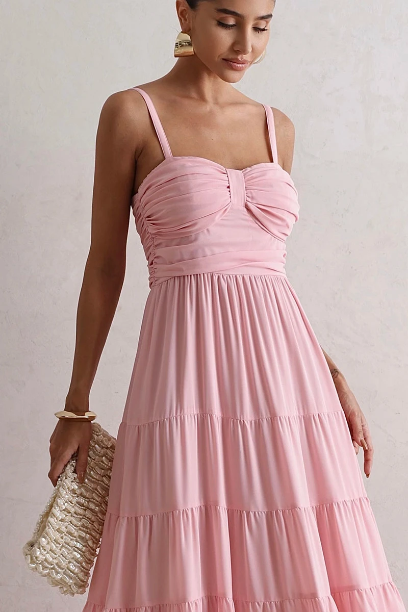 Miss Misses - Maisa Long Crepe Dress with Straps and Ruched Detail in Pink - 54671060