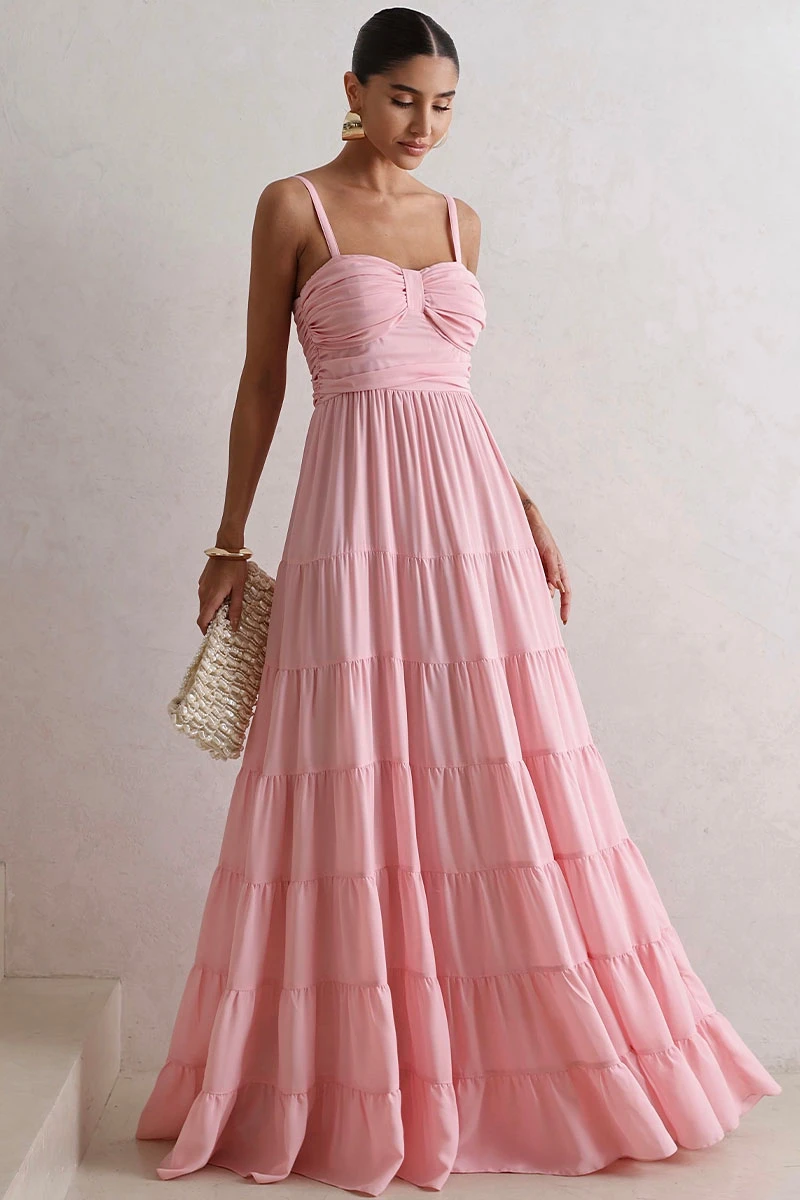 Miss Misses - Maisa Long Crepe Dress with Straps and Ruched Detail in Pink - 54671060